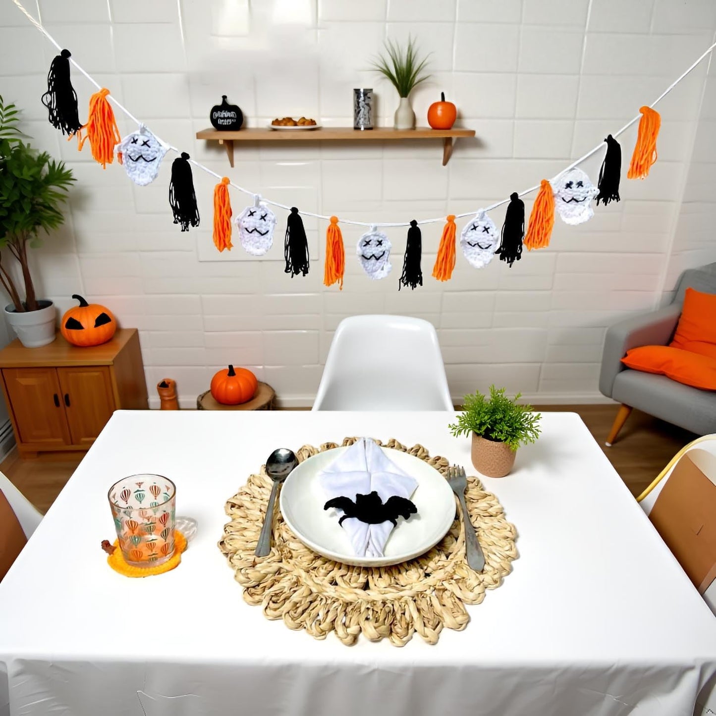 DELAQIKO Halloween Ghost Garland with Tassels | Cute Ghost Ornaments for Tree, Wall, Mantel or Table | Handmade Felt Garland | Fun Halloween Decor with a Spooky Vibe (Orange Halloween)