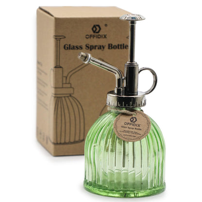 OFFIDIX Glass Plant Mister, 6.3 Inches Tall Vintage Style Spritzer Bronze Plastic Top Pump One Hand Watering Can Indoor Plant Spray Bottle for Garden, Plants, Cleaning (Light Green)