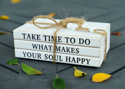LARAINEIK 3 Pieces Wooden Decorative White Books, Rustic Farmhouse Faux Books for Coffee Table Shelves with Wood Bead Tassels and Leaves, 7'x 4.6'x 2.5' (Take Time to Do, What Makes, Your Soul Happy)