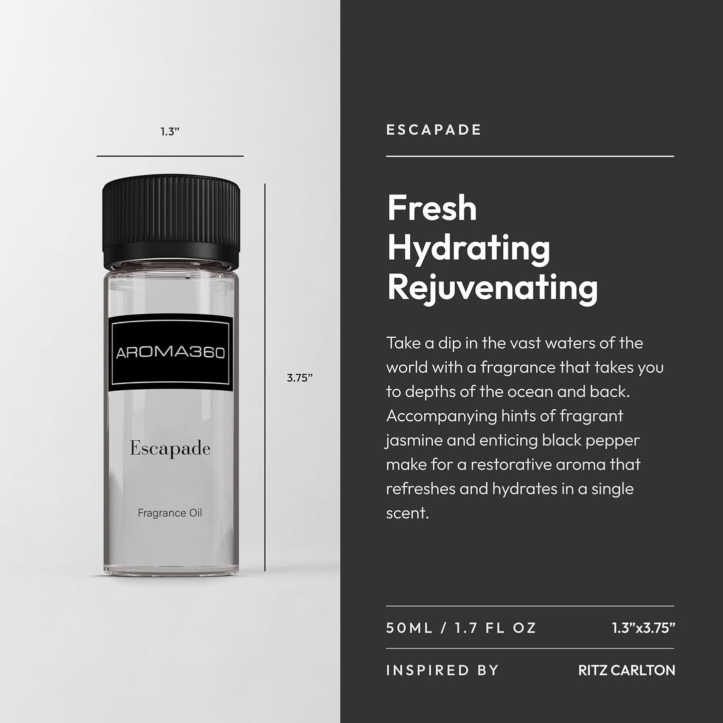 Aroma360 - Escapade Fragrance Oil Scent - Luxury Aromatherapy Scent Diffuser Oil - Hints of Lemon, Ocean, Bergamot, & Fragrant Jasmine - for Essential Oil Diffusers - for Home & Office - 50ML