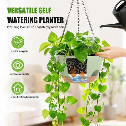 SQKH 8 Inch Hanging Planters for Indoor Outdoor Plants, 4 Pack Green Brown Plastic Self Watering Hanging Baskets with Drainage Holes and Chain for Garden Porch