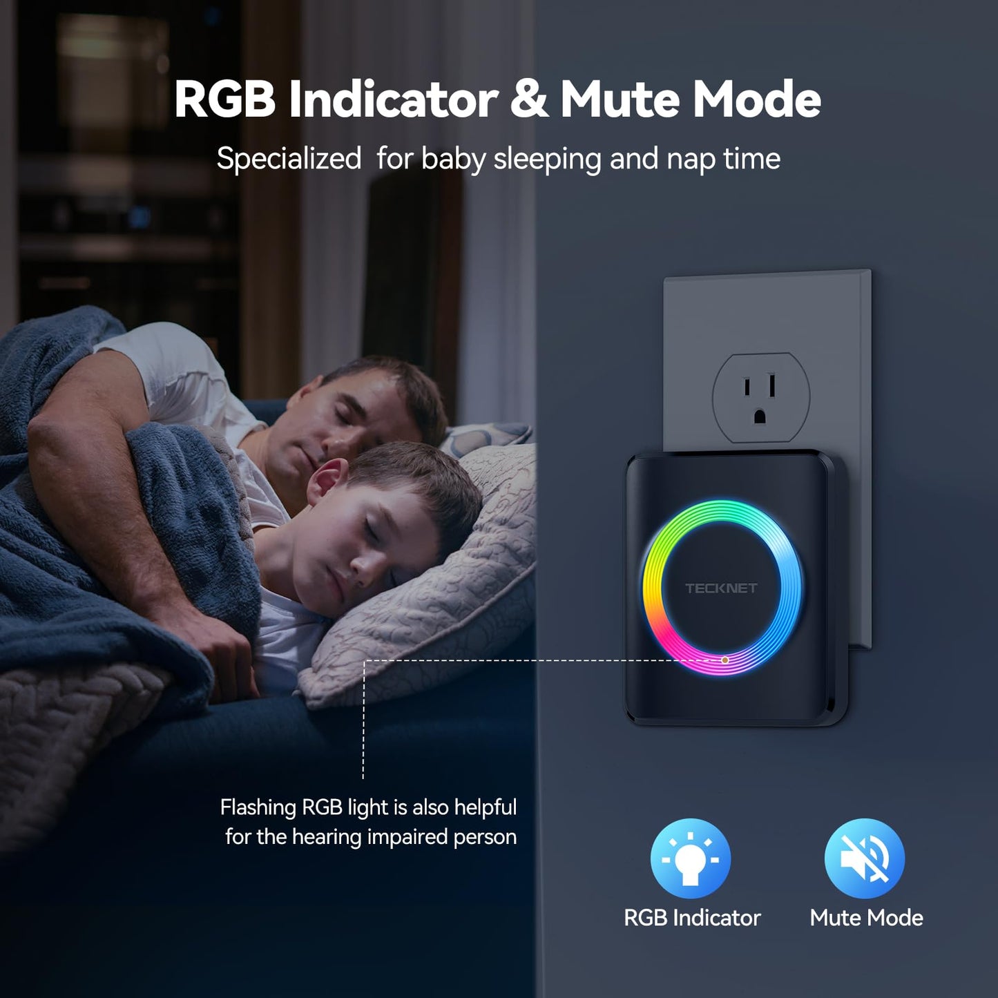 TECKNET Wireless Doorbell, Door Bell 0-120dB, 1300 ft Wireless Range, IP65 Waterproof Classroom Doorbells, 60 Chimes & 5 Volume Levels, RGB Light for Home Kid Room Office Hearing Impaired