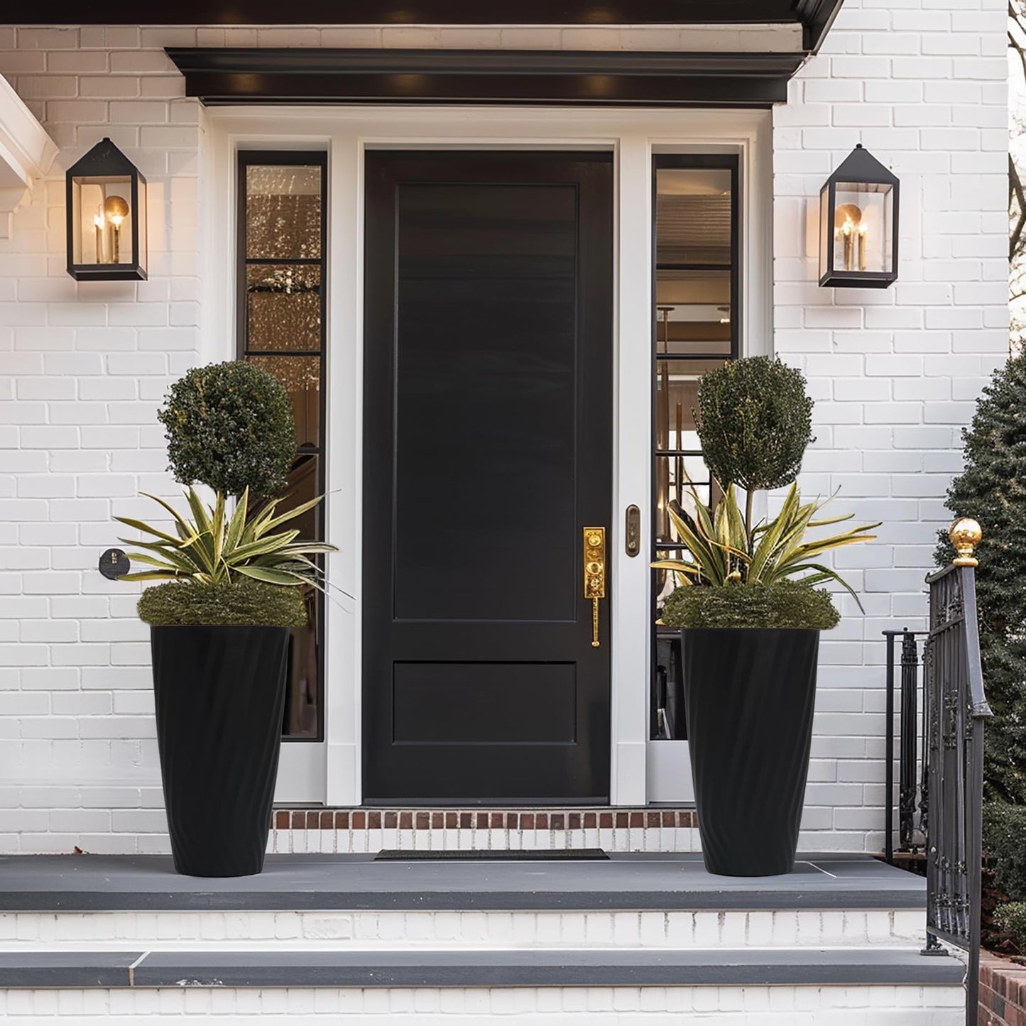 La Jolie Maison 24 Inch Tall Planters, Set of 2 Matte Black Tree Planters with Shelf Insert, Morden Large Round Plant Pots Containers for Indoor/Outdoor, Front Door, Patio and Deck