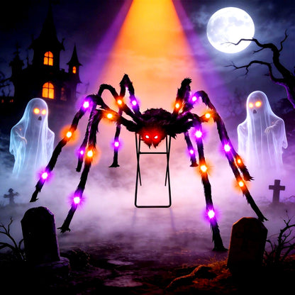 1 Pack 8 Modes 5 FT(Wide) Halloween Giant Spider,Light up Spider with 30 Purple&Orange Lights,Light up Halloween Decorations Outside,for Yard Haunted House Window Party Porch Indoor Outside Decor