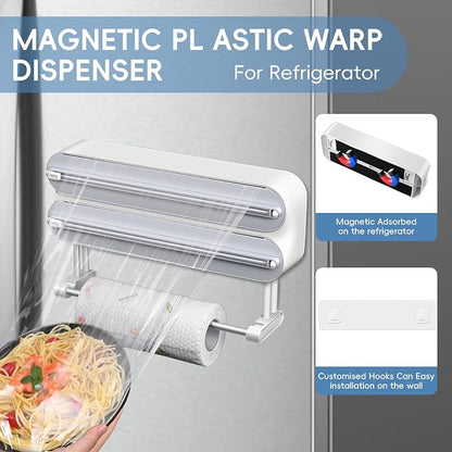 Magnetic Plastic Wrap Dispenser with Cutter,3 in 1 Aluminum Foil wrap Organizer,Upgrade Practical Refillable Cling Wrap Film Cutter，Wall Mount Kitchen Wrap Dispenser - Fits 12" Roll, White