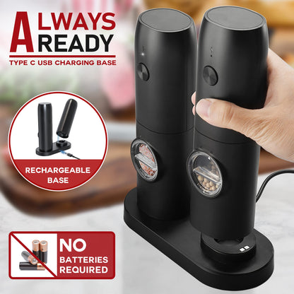 Electric Salt and Pepper Grinder Set of 2, Automatic Pepper Mill,USB Rechargeable, Adjustable Coarseness, One-handed Operation, Ceramic Burr,Refillable, Auto Grinders with Charging Base LED Light