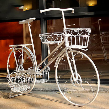 OJHVTCXD Bicycle Plant Stand with 4 Baskets Wrought Iron Flower Pot Cart Holder for Outdoor Garden Home Decor Deck Patio (White) Stand