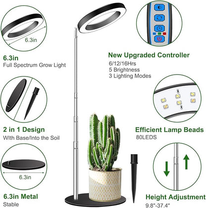 Aokrean Grow Lights, Full Spectrum Plant Light for Indoor Plants, 2 in 1 Design 6.3in Desktop Growing Lamp with Auto Timer for 6/12/16Hrs,3 Optional Spectrums,5 Brightness,Height Adjustable 9.8"-37.4"