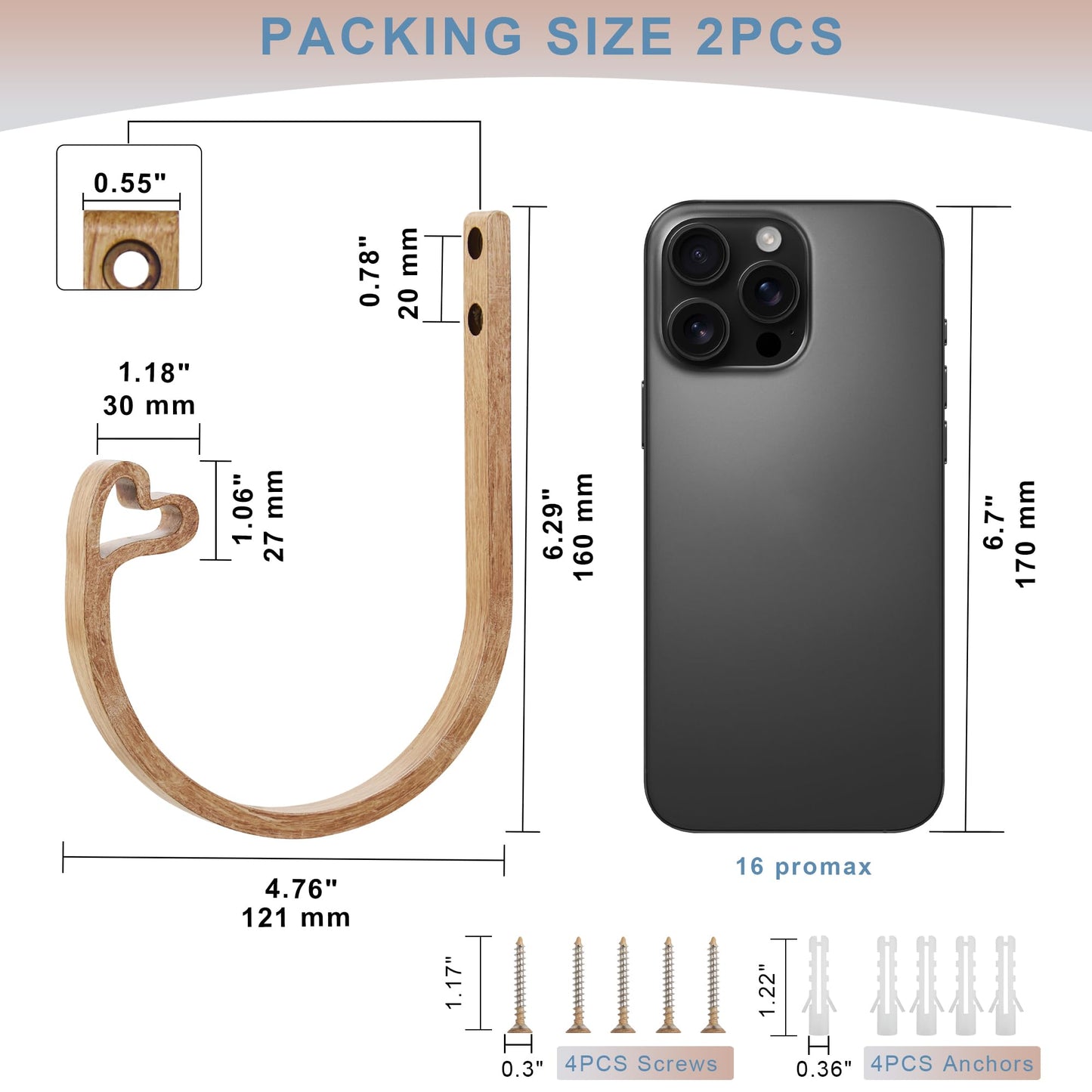 2Pcs Curtain Holdback,Premium Solid Aluminum Wall Mounted Curtain Tiebacks,Rust-Proof,Light Wood Grain