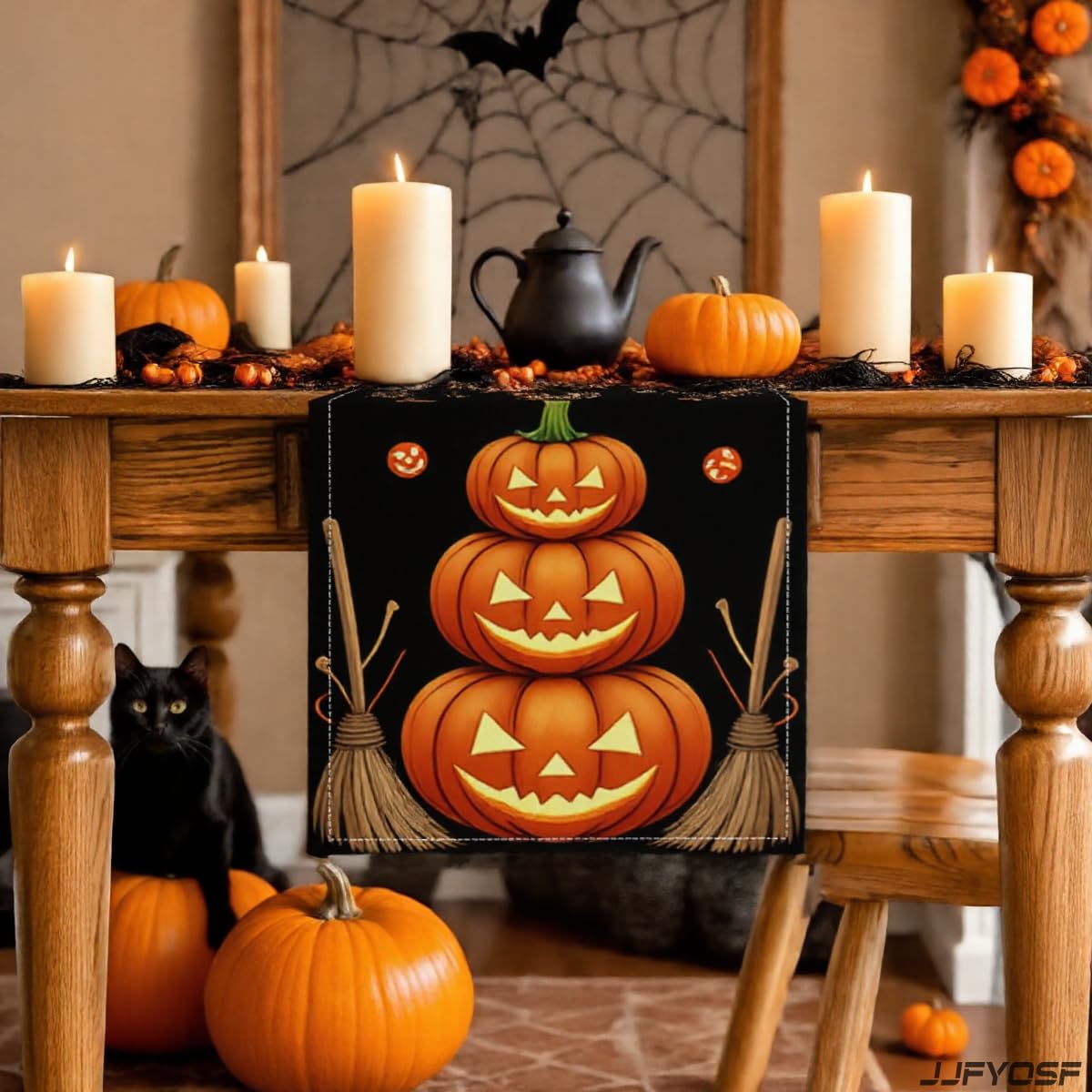 JJFYOSF Halloween Table Runner - Stacked Jack-O’-Lantern Pumpkins with Witch Broom Design, Spooky Pumpkin Dining Table Decoration for Halloween Party & Home Décor 13x72 Inch (Pumpkin & Broom)