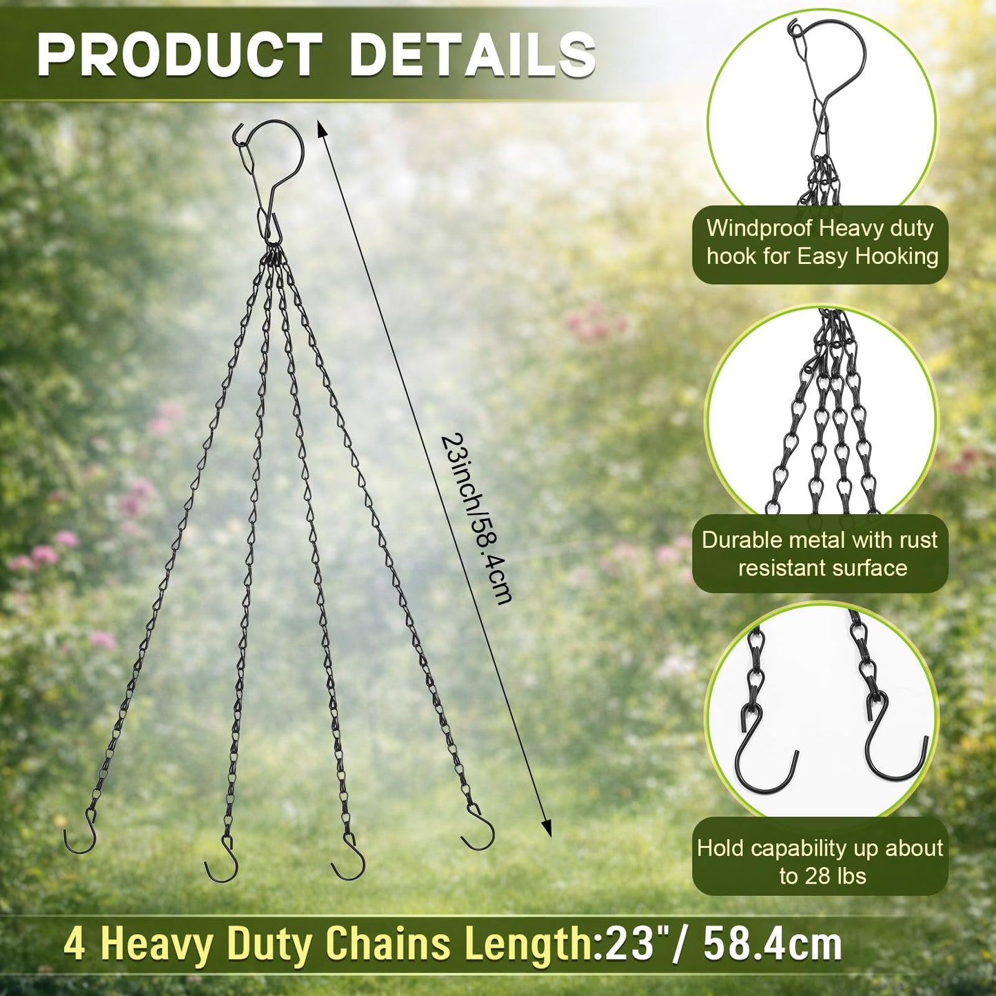 Otoolling 3 Pack 23 Inch Hanging Baskets Chains with Windproof Hooks, Hanging Plant Chains 4 Point Metal Flower Pot Replacement Chain Hangers for Planters Lanterns Bird Feeders