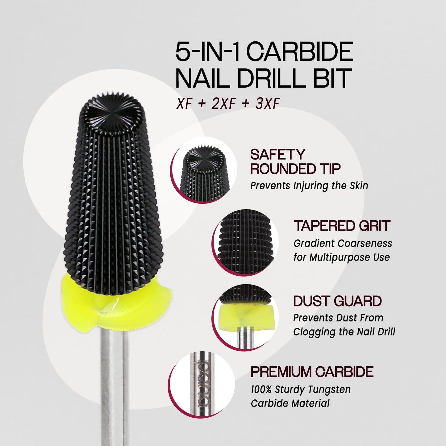 PANA Nail Carbide 5 in 1 Bit - Two Way Rotate use for Both Left and Right Handed - Fast Remove Acrylic or Hard Gel - 3/32" Shank - Manicure, Nail Art, Drill Machine (Fine - F, Silver)