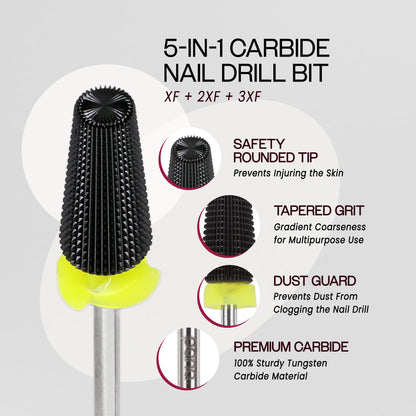 PANA Nail Carbide 5 in 1 Bit - Two Way Rotate use for Both Left and Right Handed - Fast Remove Acrylic or Hard Gel - 3/32" Shank - Manicure, Nail Art, Drill Machine (Fine - F, Silver)