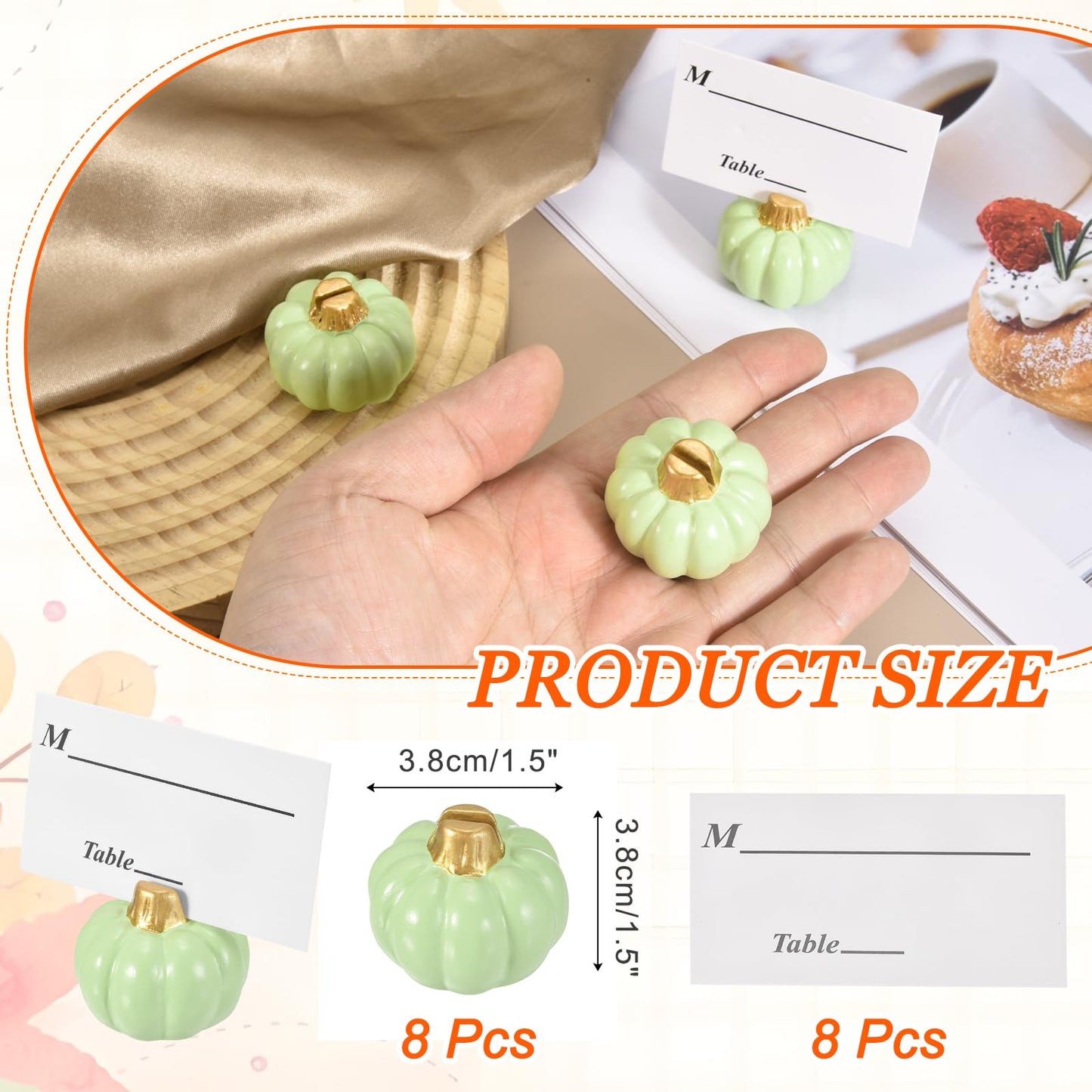 PATIKIL Pumpkin Place Card Holders, (4Set, Green) Mini Resin Pumpkin Table Number Stands with Card, Fall Table Decor Suit for Thanksgiving/Weddings/Banquet/Thanksgiving/Autumn Party Decor