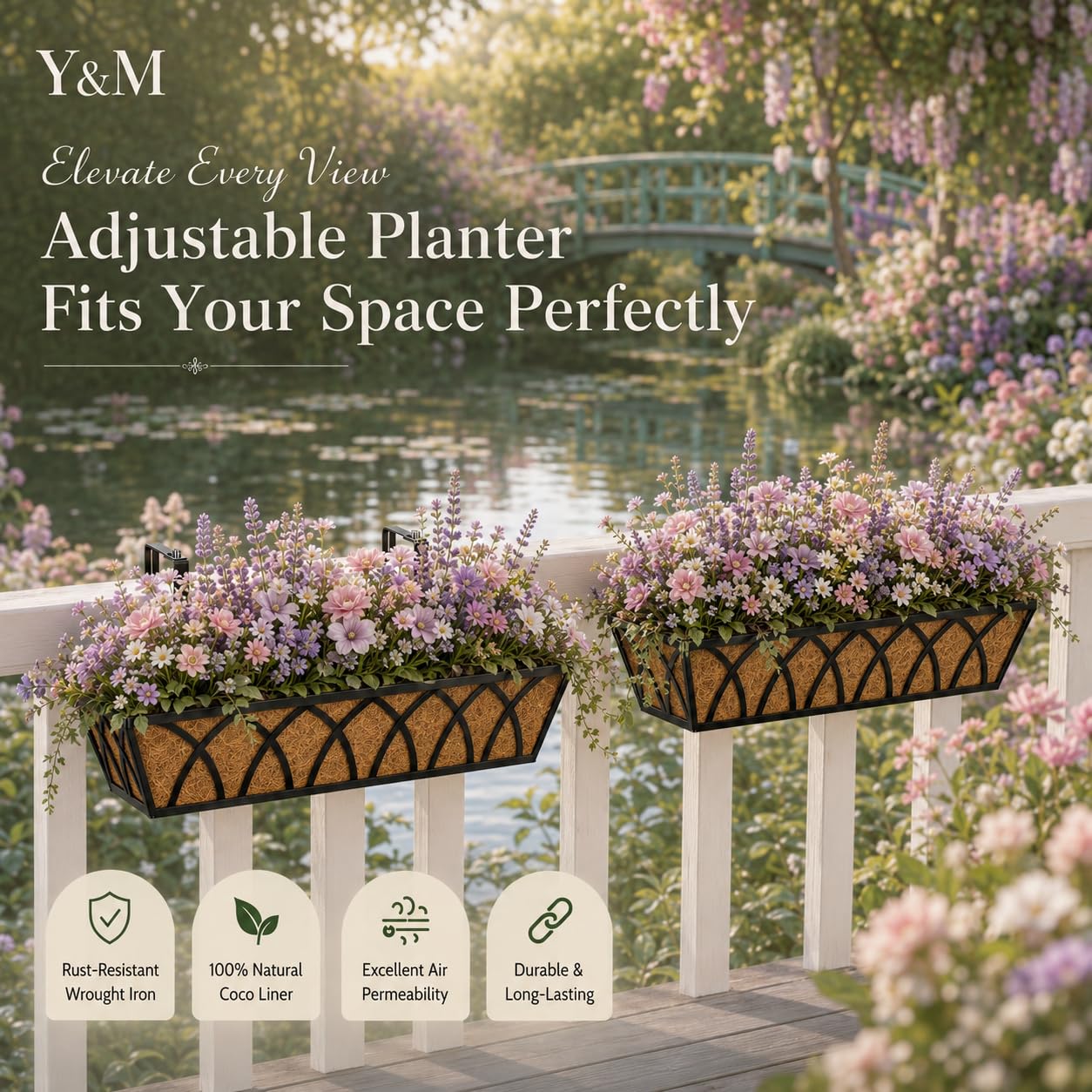 Railing Planter Boxes 24 Inch 2 Pack, Heavy Duty Adjustable Hanging Planters with Coco Liners, 2-in-1 Balcony Planters for Deck Porch Patio Garden