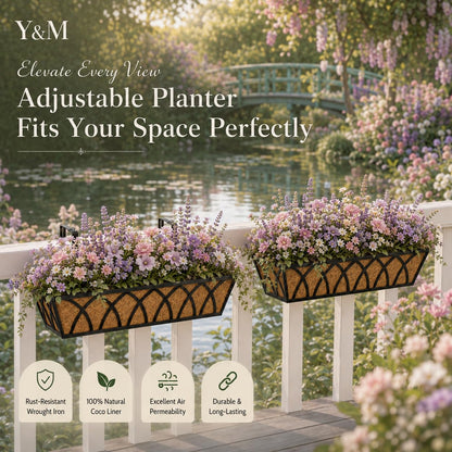 Railing Planter Boxes 24 Inch 2 Pack, Heavy Duty Adjustable Hanging Planters with Coco Liners, 2-in-1 Balcony Planters for Deck Porch Patio Garden