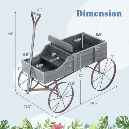 Giantex Decorative Garden Planter, Small Wagon Cart with Metal Wheels, Wood Raised Beds Plant Pot Stand for Backyard Garden Patio 24.5”Lx13.5”Wx24”H (Gray)