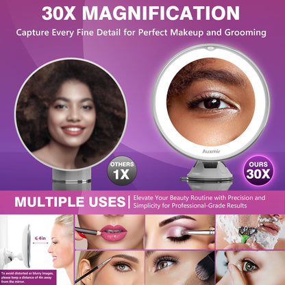 Auxmir 2025 Upgraded 30X Magnifying Mirror with Light, Makeup Mirror with 2-Level Lights, Vanity Mirror with Power Suction Cup and Tweezers, 360° Swivel, Portable Bathroom Mirror for Home Travel