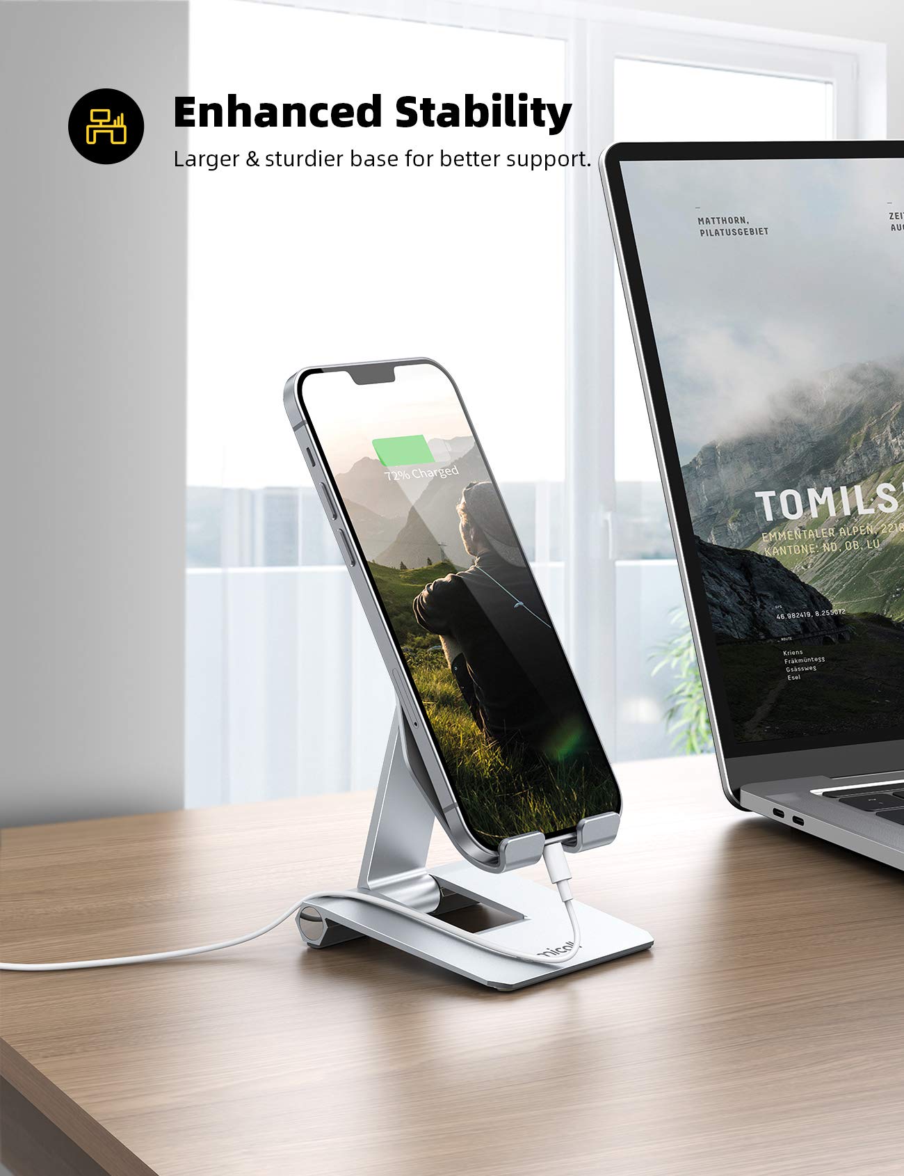 Lamicall Aluminum Metal Adjustable Cell Phone Stand Desk - Heavy Duty Metal Foldable Desktop Phone Holder, Cradle, Dock, for iPhone 16 15 14, Plus, Pro, Pro Max, 13 12 X XS,4-11'' Phone Sliver