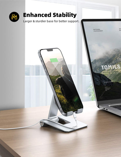 Lamicall Aluminum Metal Adjustable Cell Phone Stand Desk - Heavy Duty Metal Foldable Desktop Phone Holder, Cradle, Dock, for iPhone 16 15 14, Plus, Pro, Pro Max, 13 12 X XS,4-11'' Phone Sliver