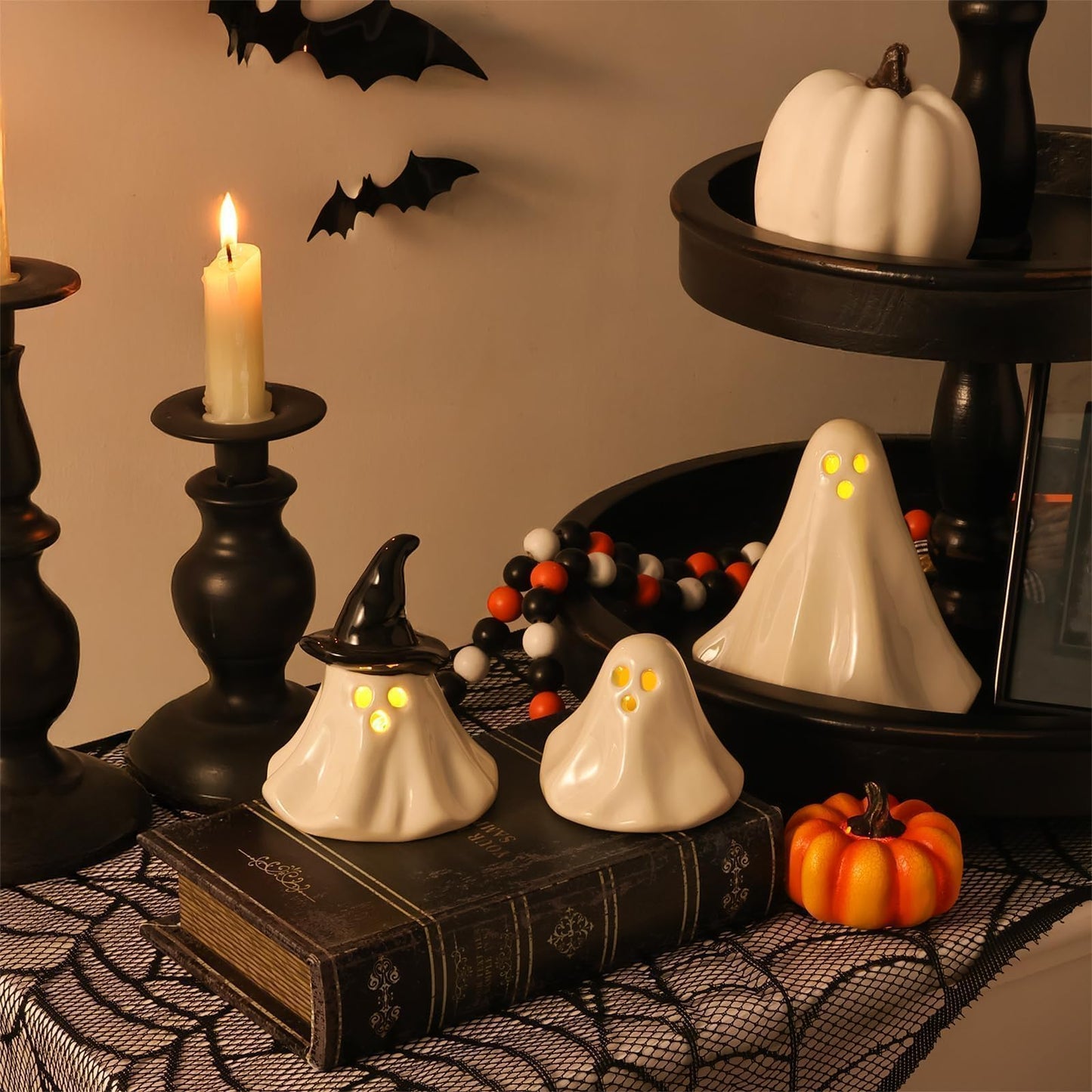 Halloween Ghost Decorations Indoor: 3ct Light Up Ceramic Ghost Decor, Cute Halloween Decor Figurines with LED Tea Lights for Table Desk Tiered Tray Mantel Home Office Home Farmhouse Girls Kids Party
