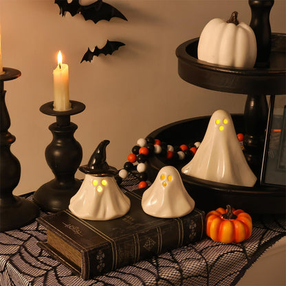 Halloween Ghost Decorations Indoor: 3ct Light Up Ceramic Ghost Decor, Cute Halloween Decor Figurines with LED Tea Lights for Table Desk Tiered Tray Mantel Home Office Home Farmhouse Girls Kids Party