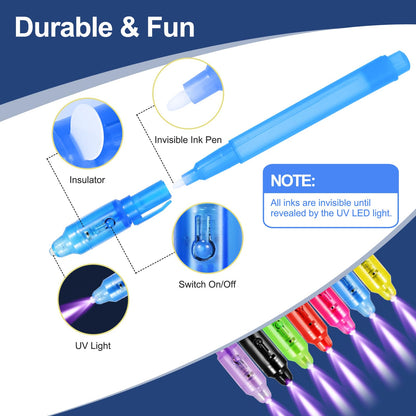 D&N Lifestyle Invisible Ink Pens for Kids, 24 Pack UV Secret Message Pens with Word Search & Maze Cards and Gift Bags, End of School Year Gifts for Students, Party Favors, Goodie Bag Stuffers