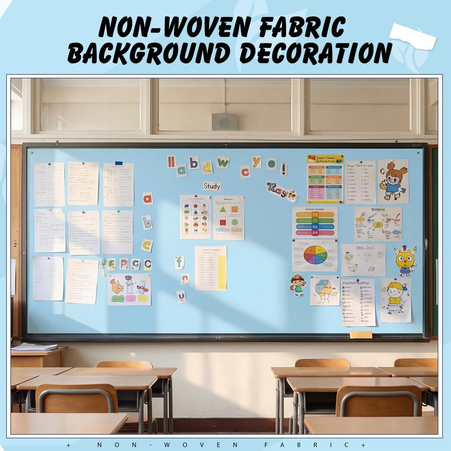 Breling 16 inch x 80 ft Fabric Bulletin Board Roll for Classroom Waterproof Non-Woven Fabric Background Roll Anti-Wrinkle Bulletin Board Background for Back to School Wall Decor DIY Craft(Blue)