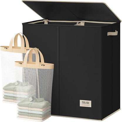 SOLEDI Large Double Laundry Hamper with Lid,165L Collapsible Clothes Hamper 2 section with Removable Bags, Space-Saving Laundry Basket for Bedroom, Dorm, College