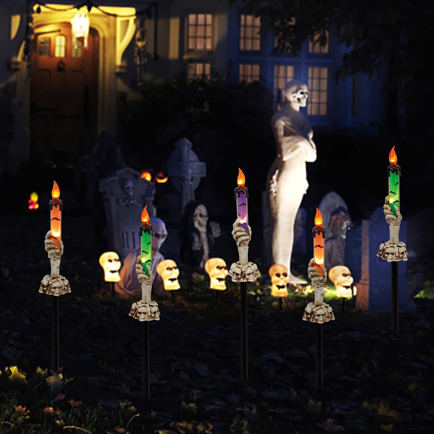 WATERGLIDE Halloween Candle Light Stakes, 5 Pack Skeleton Hands Hold Lighted Candle Pathway Makers, Waterproof Battery Operated with Timer, Light Up Figurine for Indoor Outdoor Holiday Party