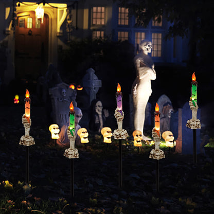 WATERGLIDE Halloween Candle Light Stakes, 5 Pack Skeleton Hands Hold Lighted Candle Pathway Makers, Waterproof Battery Operated with Timer, Light Up Figurine for Indoor Outdoor Holiday Party