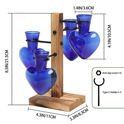 CYZglass Plant Terrarium Propagation Stations with Wooden Stand, Glass Vase for Indoor Hydroponics Home Garden Office Decoration Gift for Women - 4 Love Bulb Vase