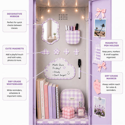 Svartur Magnetic Locker Accessories Set - Locker Mirror, Dry Erase Whiteboard, Magnetic Pen Holder & Cute Magnets, Aesthetic School Locker Decor for Girls, Locker Organizer Kit, Purple