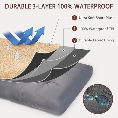 Dog Crate Bed Waterproof Deluxe Plush Dog Beds with Removable Washable Cover Anti-Slip Bottom Pet Sleeping Mattress for Large, Medium, Jumbo, Small Dogs, 23 x 17 inch, Brown