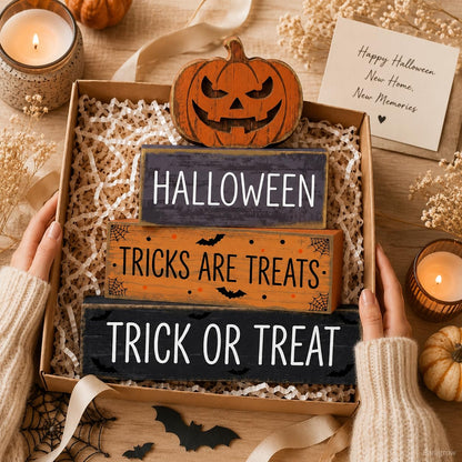 4 Pcs Halloween Decor, Trick or Treat Tiered Tray Decorations, Wooden Block Signs with Jack-O-Lantern, Tricks are Treats Farmhouse Rustic Table Centerpiece for Home Shelf Kitchen Coffee Bar