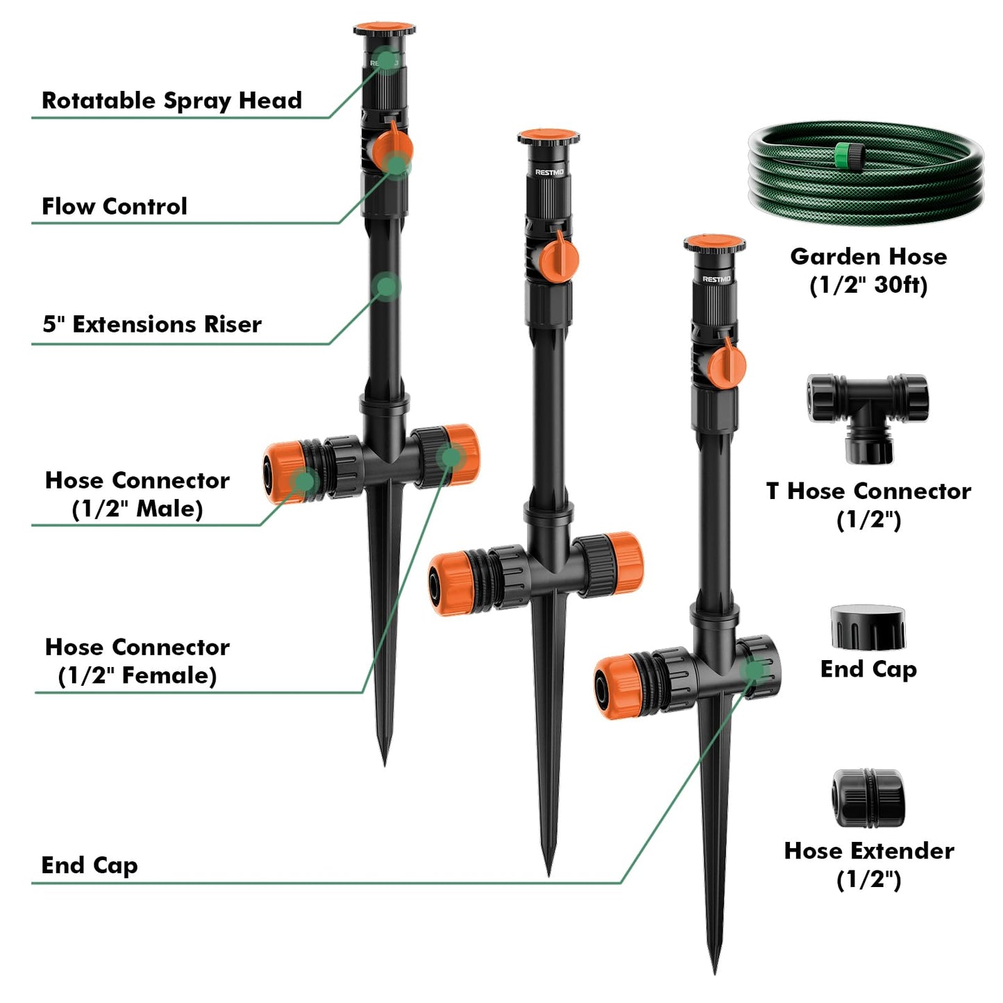 RESTMO Flexible Sprinkler System with Metal Spike Base, Above Ground DIY Irrigation Kit, Multi-Adjustable Lawn Sprinkler Set, Ideal for Plant and Flower Bed Watering, 30ft Garden Hose Included, Orange