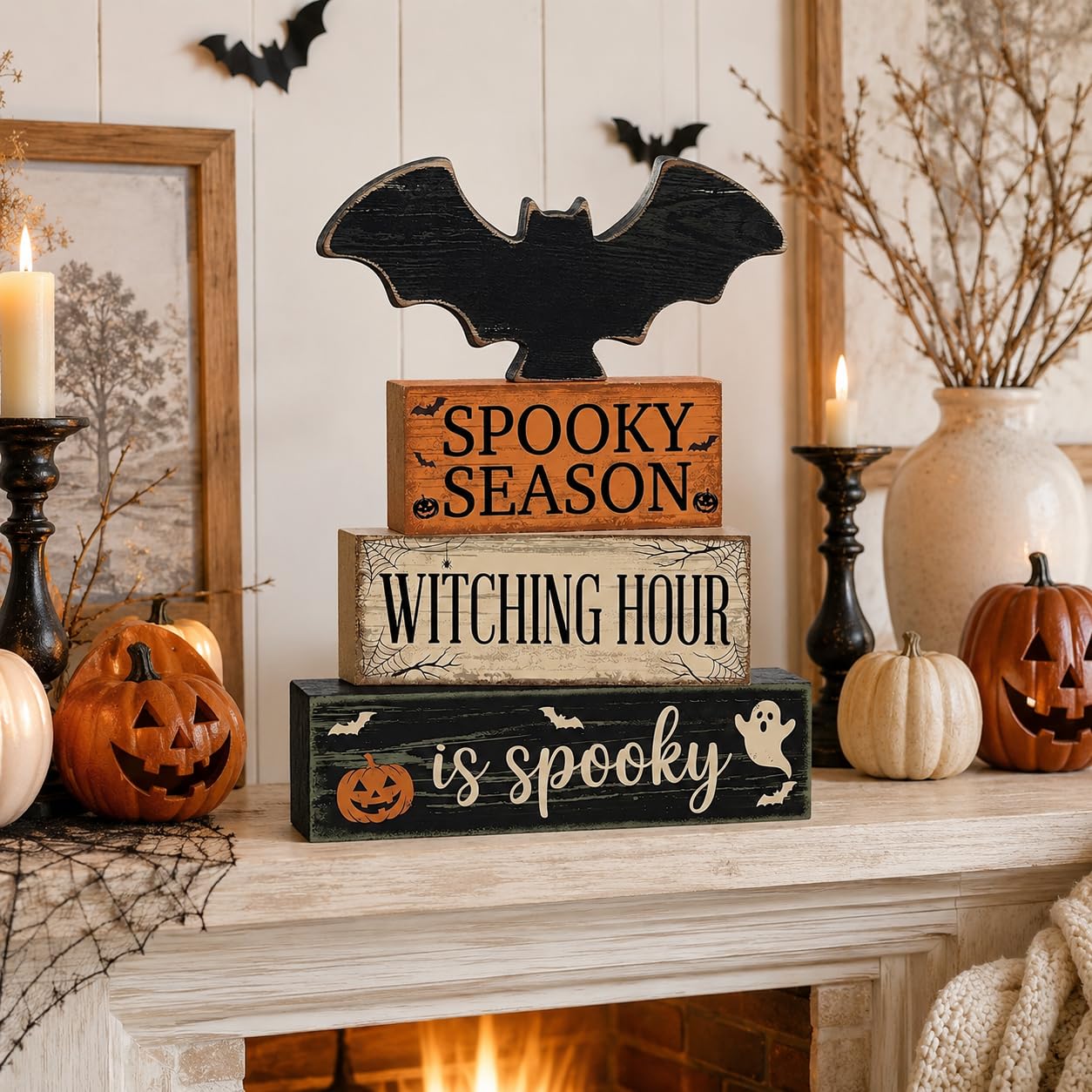 4 Pcs Halloween Table Decorations, Wooden Bat Tiered Tray Decor, Farmhouse Rustic Block Signs, Spooky Season Tabletop Centerpiece for Home Kitchen Shelf Office Mantel