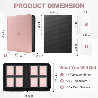Toploader Binder, Holds 160 Toploaders, 100 Toploaders INCLUDED, 4-Pocket PU Cover Top Loader Binder for 3" x 4" Rigid Toploader, Ringless Double-Sided Toploader Card Binder for TCG, Sport Cards
