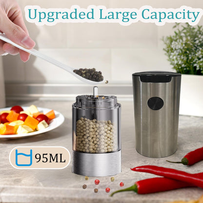 Electric Salt and Pepper Grinder Set, Automatic Salt Pepper Mill Grinder with Adjustable Coarseness, 95ml Large Capacity, LED Light & Easy Refill, Battery Operated Spice Grinders for Kitchen (Sliver)