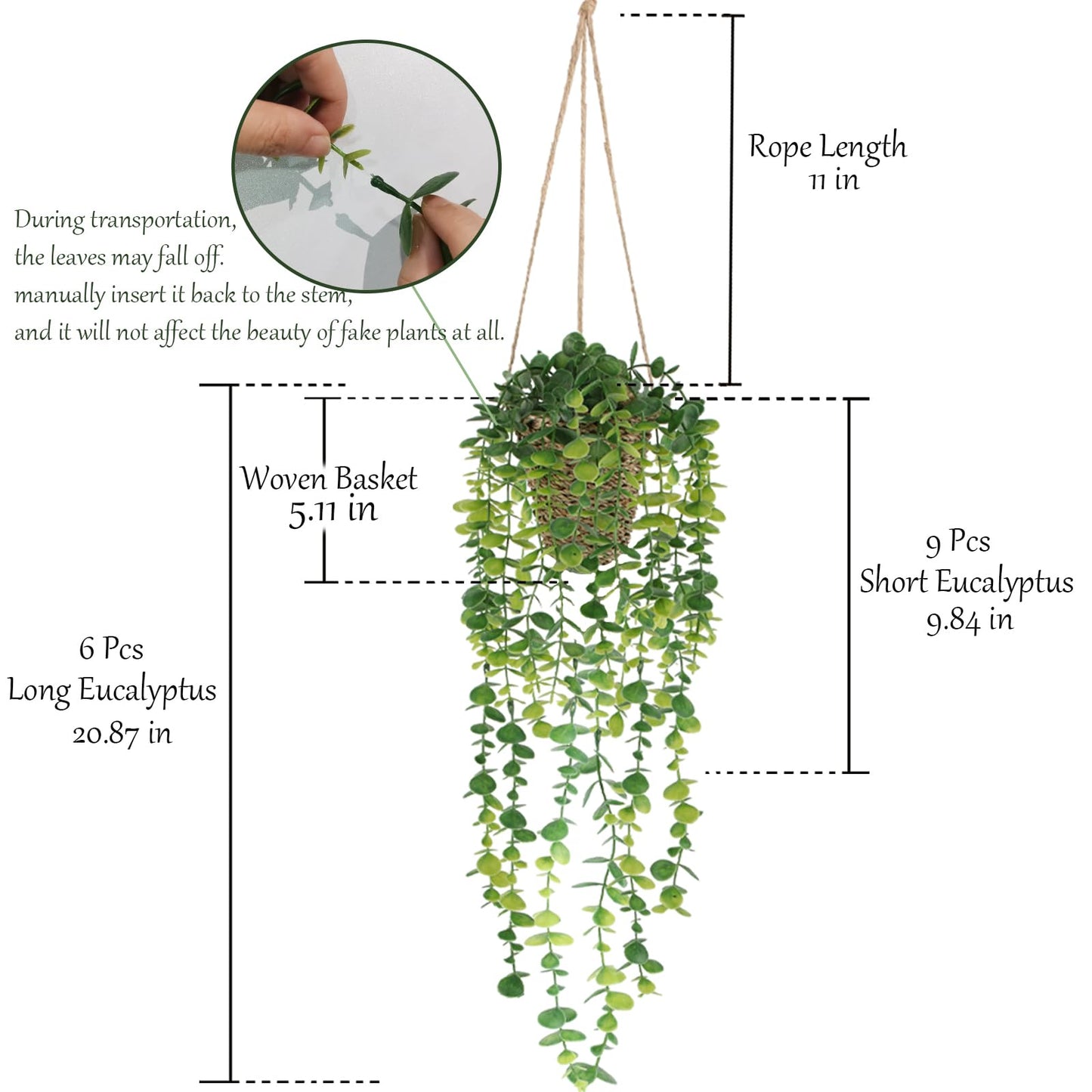 Nisoger Fake Hanging Plant with Woven Basket, 2 Pack Artificial Hanging Plants, Faux Vines Eucalyptus Leaf Hanging Pot Plant for Wall Home Room Indoor Outdoor Bedroom Bathroom Office Decor