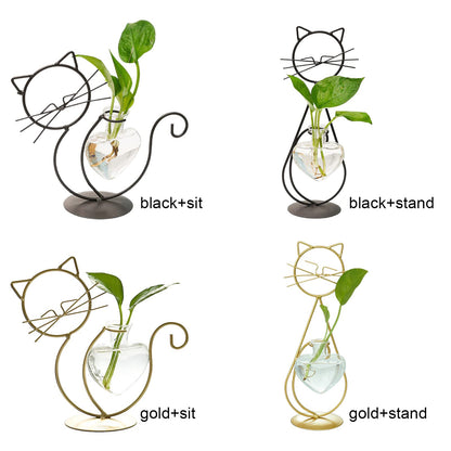 Cat Glass Planter Vase Holder - Plant Terrarium - Simple Cat Iron Flower Ware Hydroponic Flower Arrangement Vase (Sit)