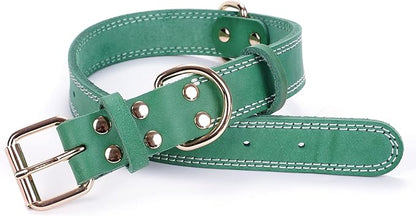Dog Collar, Genuine Leather Heavy Duty Dog Collar for Small, Medium, Large and Extra Large Dog (M: 1" Wide for 15.2"-19.2" Neck, Dual Stitch - Green)