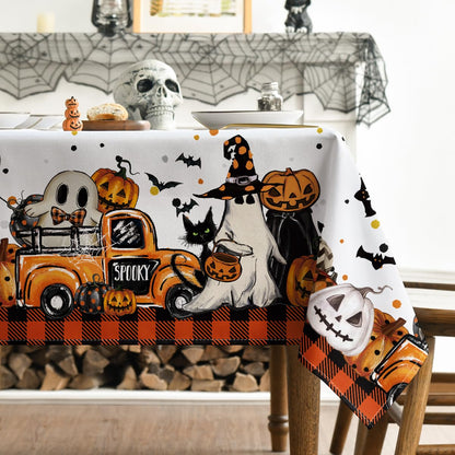 Horaldaily Halloween Tablecloth 60×60 Inch Square, Buffalo Plaid Jack-O-Lantern Pumpkin Bats Ghost Truck Washable Table Cover for Party Picnic Dinner Decor