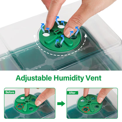 Bonviee 5 Packs Seed Starter Tray with Plant Light, Elevated Seedling Starter Trays Kits with Adjustable Humidity Domes and Clear Cell Tray, 12 Full Spectrum led lamp Beads for Plants Indoor-Green