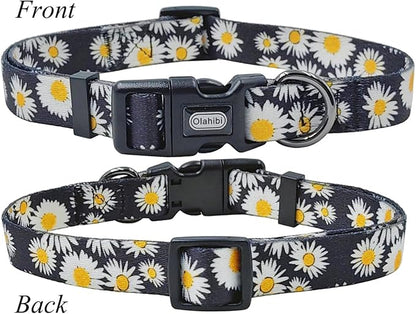 Dog Collar and Leash Set, Cute Daisy Pattern, Polyester Material, 5ft Leash, for Puppy Dogs.(Extra Small,Black Daisy)