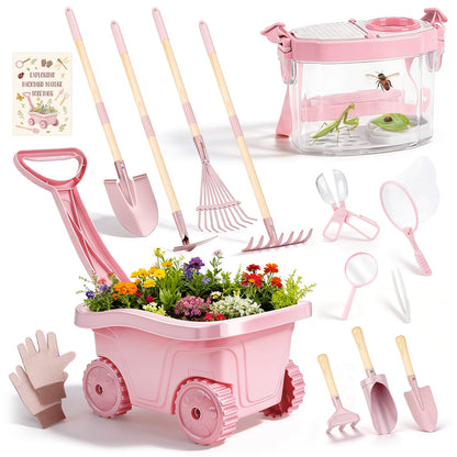 Dreamon Kids Gardening Tools & Bug Catcher Kit, 2-in-1 Outdoor Toys with Wheelbarrow and Bug House, STEM Educational Toys for 3 Year Old, Birthday Gifts Outdoor Gifts for Kids 3-5, Pink