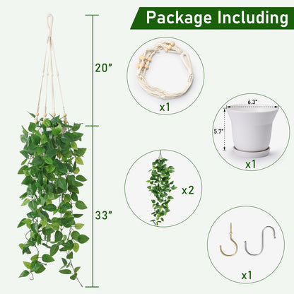 KTGOW Artificial Hanging Plants with Boho Macrame Plant Hanger - Fake Ivy Vines in Pot for Wall, Bedroom Home Faux Greenery for Indoor Outdoor Decor (1 Pack)