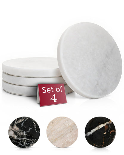 Gusto Nostro White Marble Coasters Set of 4 - Luxury Natural Stone Coasters for Drinks - Genuine Marble Kitchen Accessories, Round Artisanal Stone Coaster for Kitchen Counter, Coffee Table, Home Decor