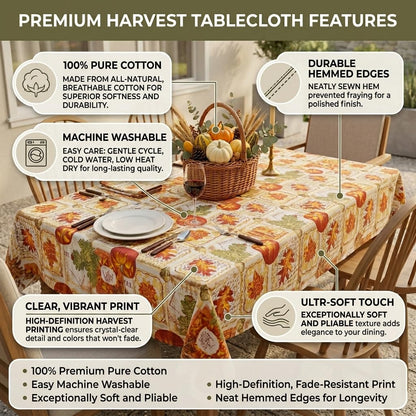 HOMETYGER Cotton Tablecloth 59 x 31 Inch,Rectangular Table Cover for Kitchen Dining Table, Washable Decorative Tablecloth for Everyday Use (Orange Pumpkin)