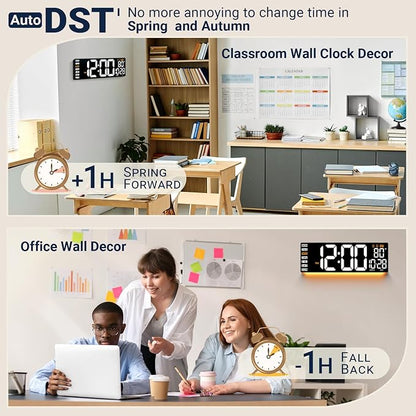 16.5" Large Digital Wall Clock with Remote Control, Auto-Dimming LED Display with Date Temp, Big Number Wall Mount Decor Clock for Seniors, Classroom, Dorm, Home, Office, Gym White